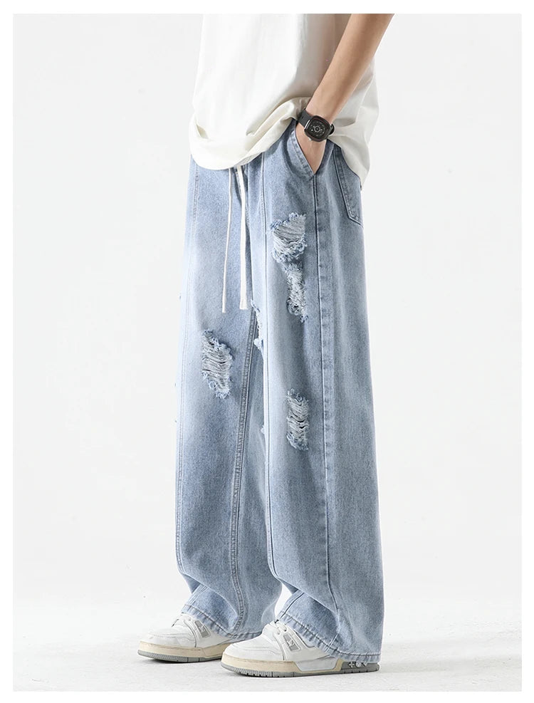 Men’s Summer Loose Ripped Jeans – Retro Straight-Leg Denim Pants with Drawstring Waist, Casual Streetwear Style