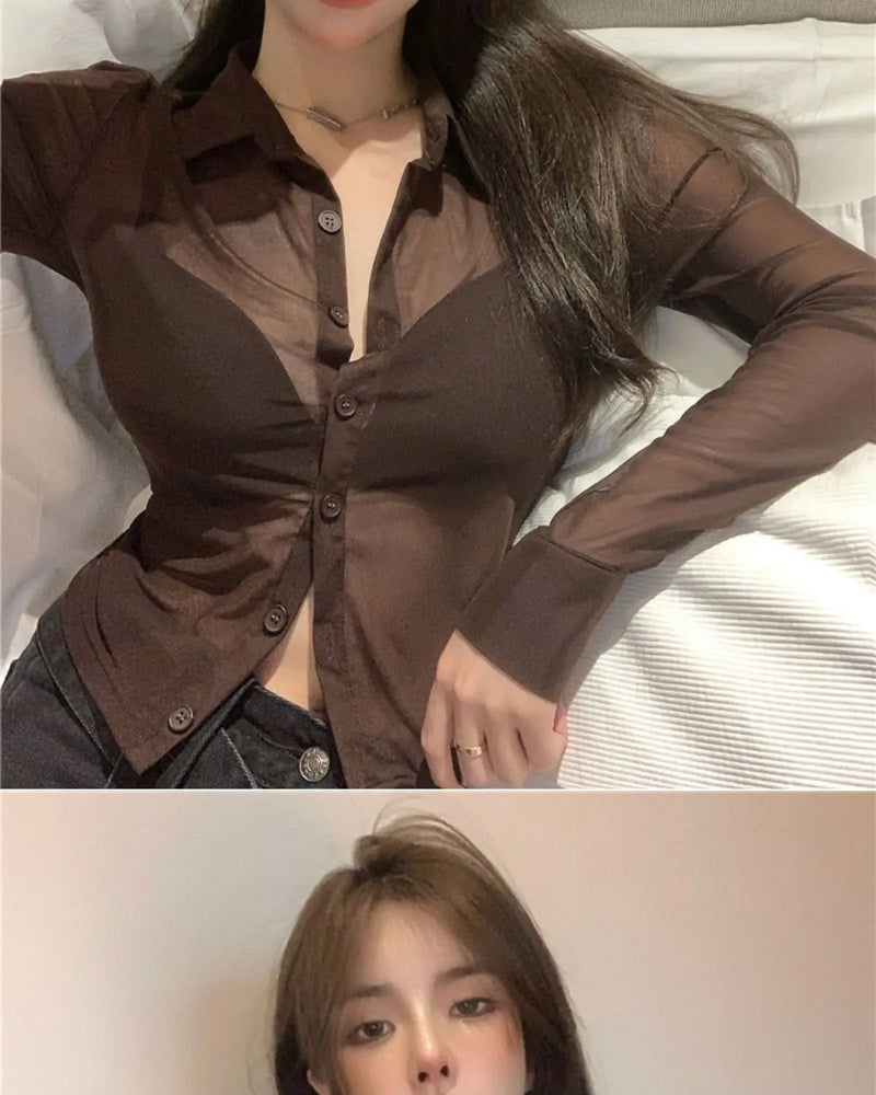 Mesh Sheer Shirts Women Long Sleeve Sunscreen Crop Tops Sexy Summer Thin Breathable Skinny Fashion Ins Streetwear Ladies Chic