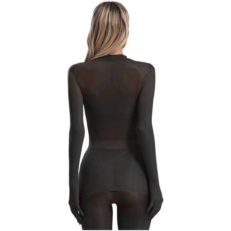 Adult Women Sheer Mesh Ultra Thin Crop Top Long Sleeve Mock Neck Translucent Gloved Tops for Base Shirt Lingerie Role Play Tops