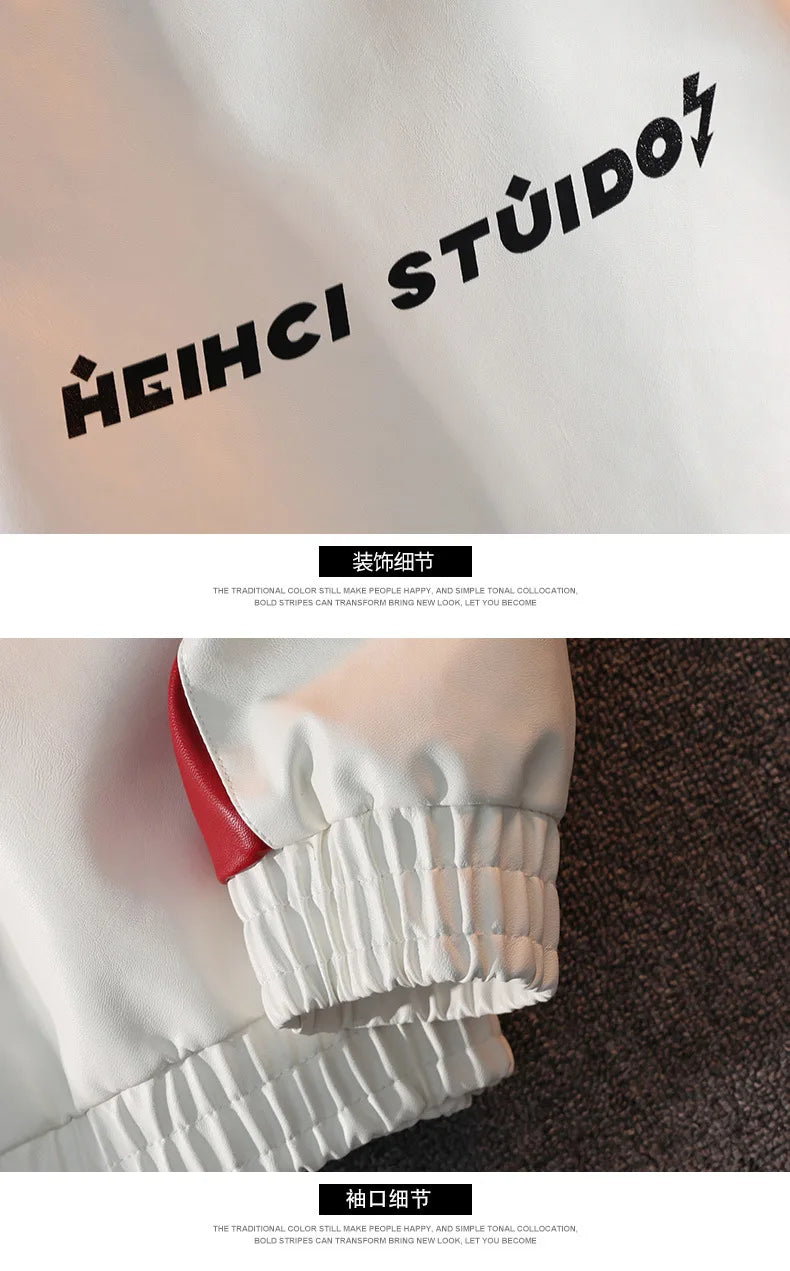 Mens Leather Moto Jacket  Stand Collar Edgy Racing Style Utility Work Coat  Unisex Hong Kong Trend Ins Fashion for Spring Autumn