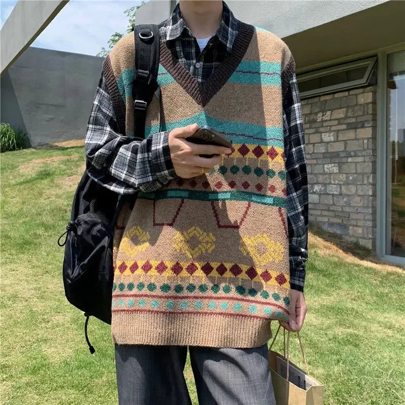 Tatiana Haven Men’s Printed Knit Sweater Vest – V-Neck Casual Korean-Style Fashion Waistcoat for Autumn & Winter