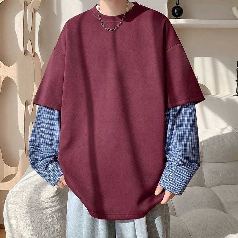 Fashion Oversized Solid Color Fake Two-Piece Hoodie with Checkered Sleeves Trendy Plus Size Pullover for Men and Women Autumn