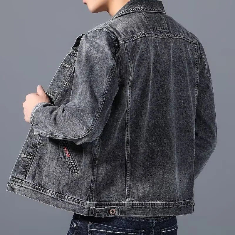 Men’s Retro Workwear Denim Jacket – Minimalist European Street Style Casual Zip-Up Coat