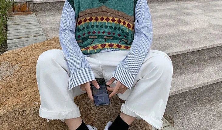 Tatiana Haven Men’s Printed Knit Sweater Vest – V-Neck Casual Korean-Style Fashion Waistcoat for Autumn & Winter