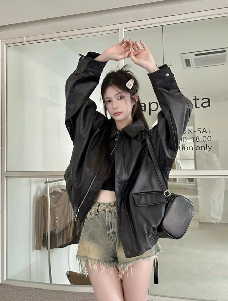 American Retro Solid Pu Jackets Women Autumn Sweet Cool Tops PU Baggy Cozy Turn-down Collar Zipper Fashion Stylish Temperament