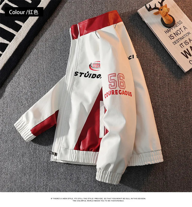 Mens Leather Moto Jacket  Stand Collar Edgy Racing Style Utility Work Coat  Unisex Hong Kong Trend Ins Fashion for Spring Autumn