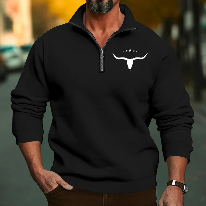 Men’s Winter Fleece Half-Zip Hoodie – Warm Stand Collar Bull Print Sweatshirt