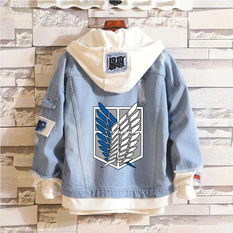 ATTACK ON TITAN Men Denim Jacket Fake two cowboy Hooded Coat Anime Eren Jaeger Levi Titans Men&