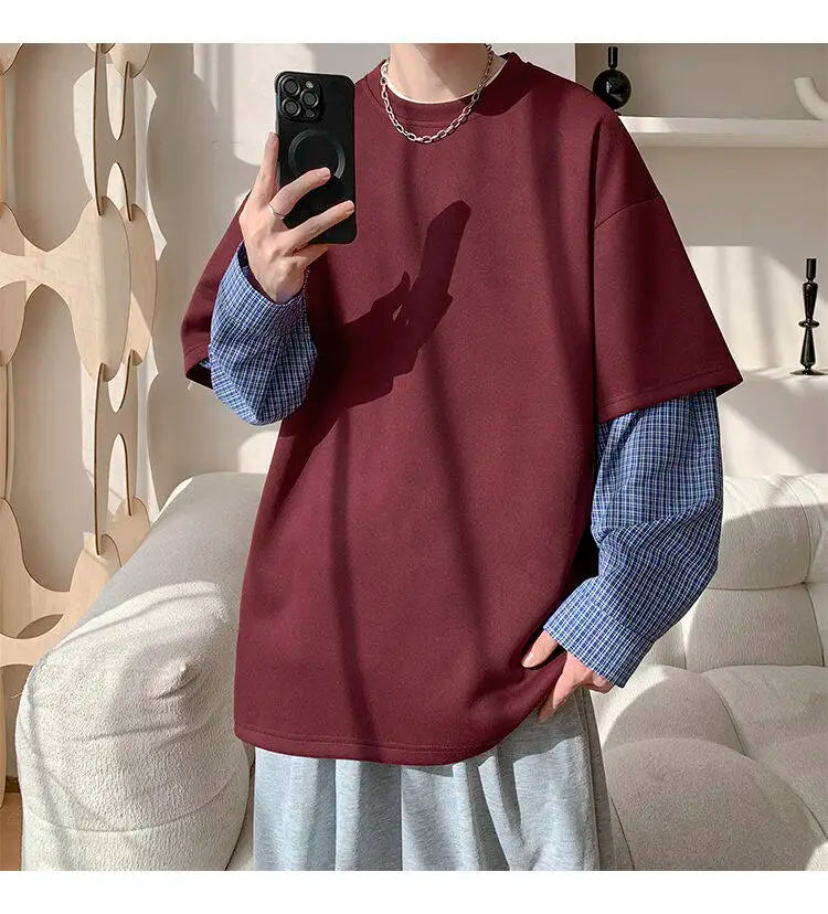 Fashion Oversized Solid Color Fake Two-Piece Hoodie with Checkered Sleeves Trendy Plus Size Pullover for Men and Women Autumn