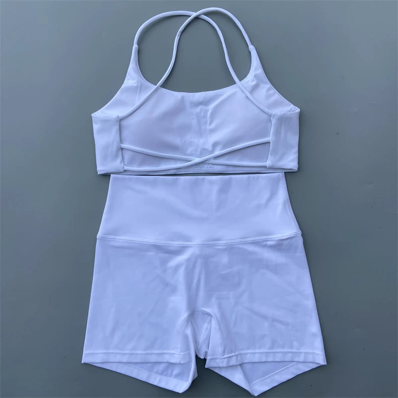 Yoga Shorts Set Gym Two Piece Sports Set Women Workout Outfit Fitness Suit Cross Straps Bra High Waist Shorts Running Tracksuit