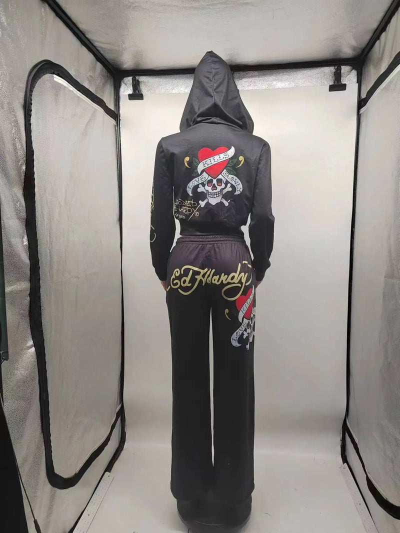 Y2k Zipper Tracksuit Women Black Print Hoodie Sweatpant Winter Blue Bodycon 2 Two Piece Outfits Pants Matching Sets Sweatshirt