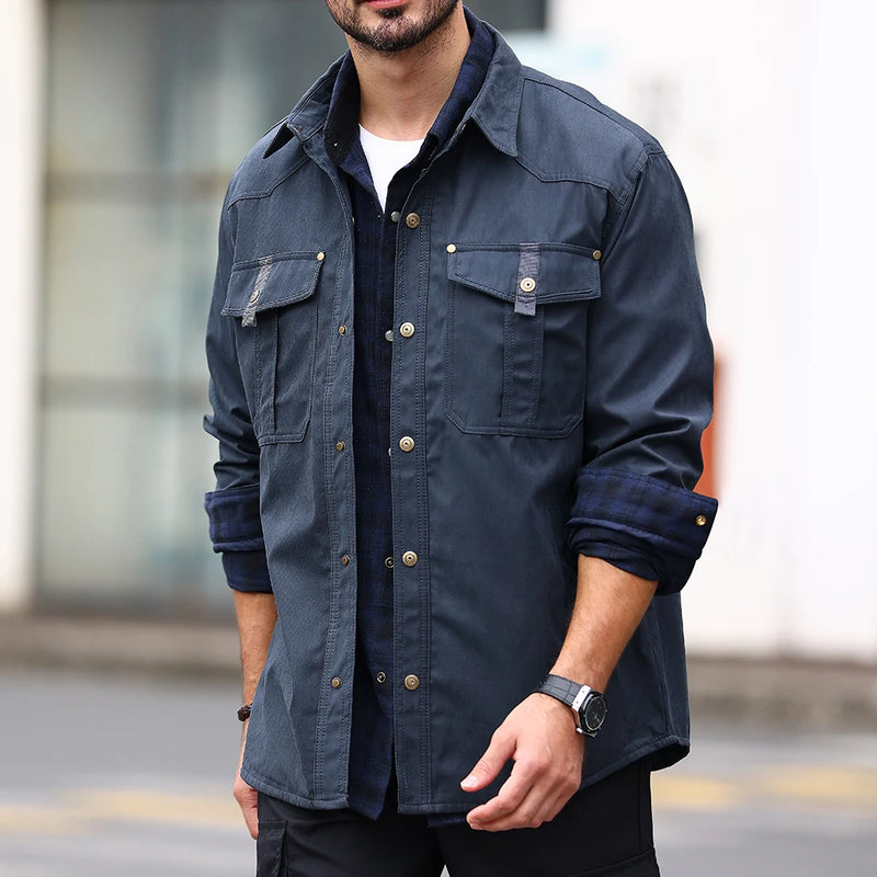 Men’s Flannel-Lined Shirt Jacket – Casual Snap Button Overshirt for Spring & Autumn