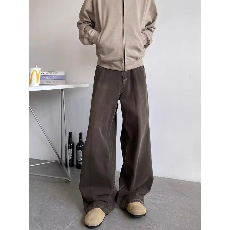 Men’s Vintage Distressed Jeans – Relaxed Straight Wide Leg Casual Denim Trouser
