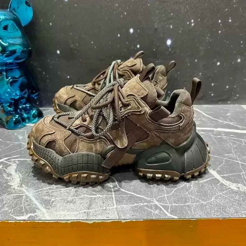 Chunky Sneakers Men Designer Mountaineering Shoes Fashion Casual Leather Fabric Breathable Height Increased Platform Sport Shoes