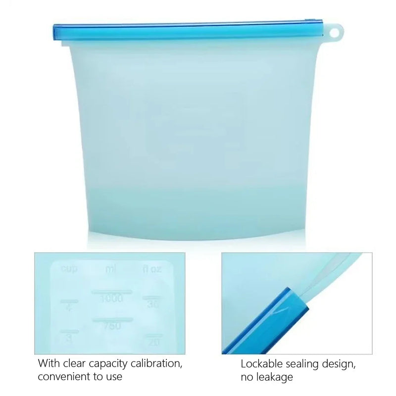 1000ml Reusable Silicone Food Grade Storage Bag Lunch Sandwich Snack Liquid Lunch Fruit Freezer Zip Seal Bags 4 Colors