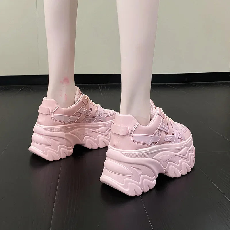 White Chunky Sneakers Women New 2025 Autumn Hidden Heel Platform Sports Dad Shoes Woman Lace Up Breathable Mesh Casual Shoes 8CM