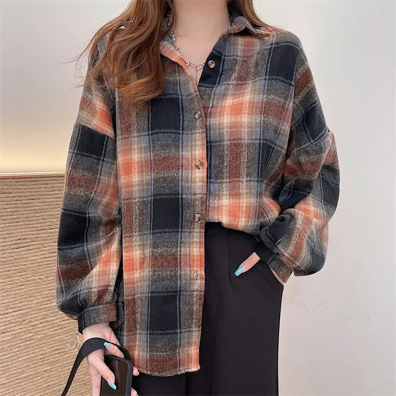 Women’s Oversized Flannel Plaid Shirt – Long Sleeve Button-Down Check Shacket for Autumn & Winter