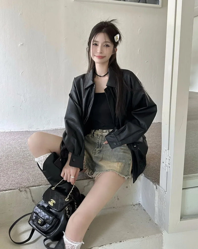 American Retro Solid Pu Jackets Women Autumn Sweet Cool Tops PU Baggy Cozy Turn-down Collar Zipper Fashion Stylish Temperament