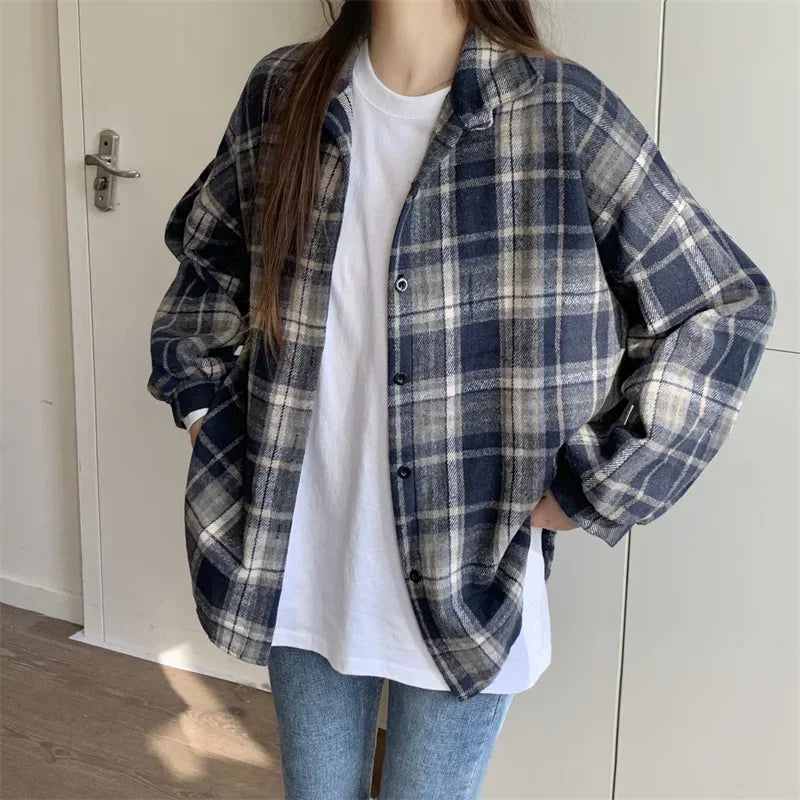 Women’s Oversized Flannel Plaid Shirt – Long Sleeve Button-Down Check Shacket for Autumn & Winter