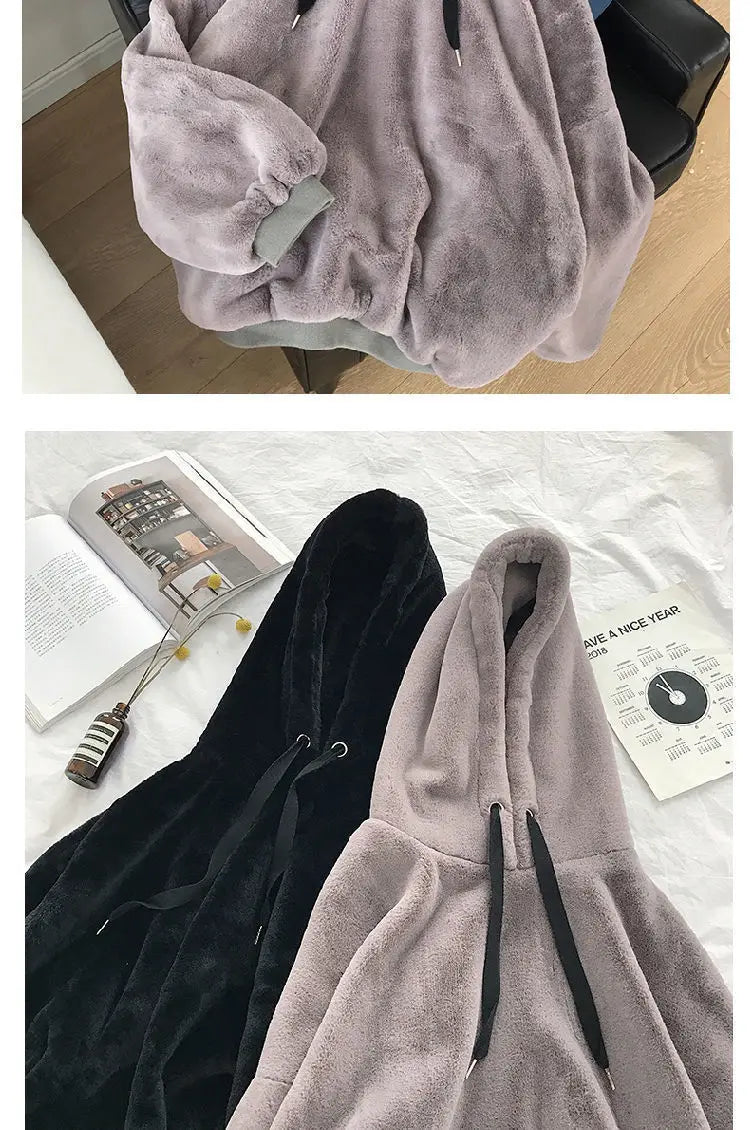 Loose Hoodies Woman Sweatshirt Casual Flannel Solid Pullover Autumn Winter Coat Y2k Fleece-lined Thicken Hooded Warm Soft Jacket