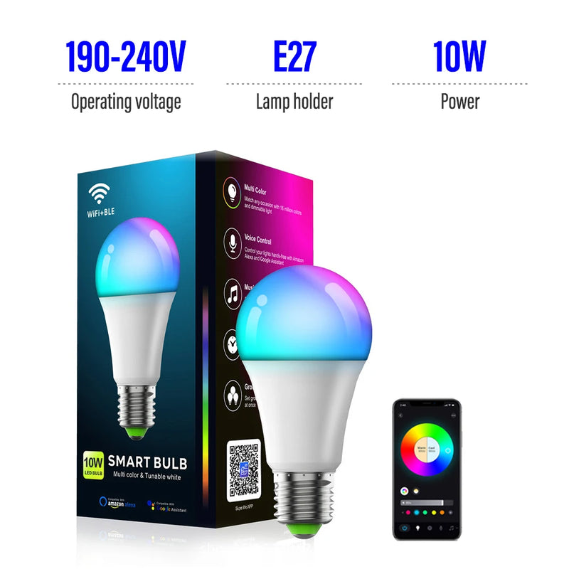 LED Smart Bulb A19 E26/E27 Color Changing LED Bulb with Music Synchronization WiFi and BLE 5.0 Dimmable RGB Smart Home Lighting