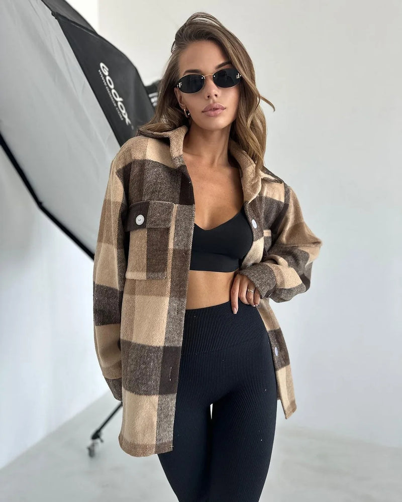 Women’s Flannel Plaid Shirt Jacket – Long Sleeve Lapel Button-Down Shacket for Autumn