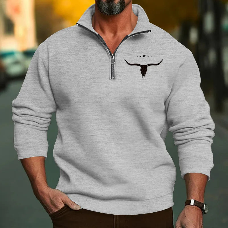 Men’s Winter Fleece Half-Zip Hoodie – Warm Stand Collar Bull Print Sweatshirt