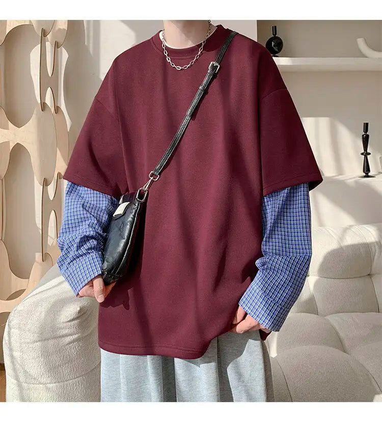 Fashion Oversized Solid Color Fake Two-Piece Hoodie with Checkered Sleeves Trendy Plus Size Pullover for Men and Women Autumn