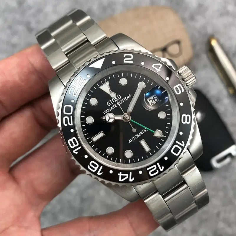 Luxury Automatic Mechanical Mens Watch Stainless Steel GMT Black Blue Ceramic Bezel Watches