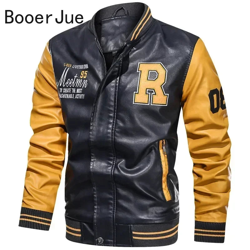Bomber Jacket Men Baseball Motorcycle Embroidered Leather Pu Coats Slim Fit College Fleece Luxury Pilot Jackets Top Winter Coat