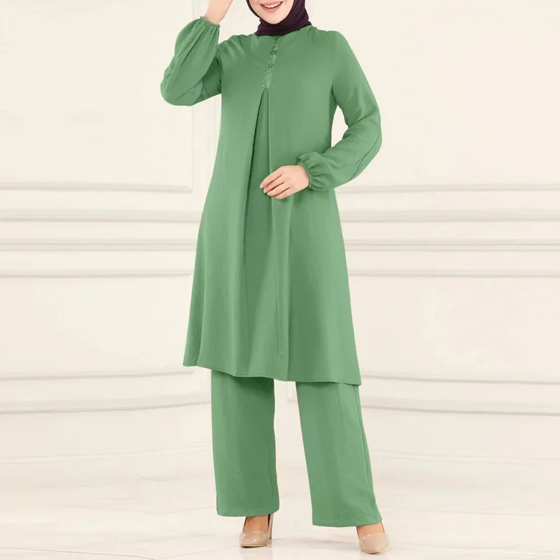 Casual Muslim Dress for Women Blouse 2 Piece Set Long Sleeve Shirt Wide Leg Pant Suits Saudi Arabic Dubai Dresses Autumn 2023