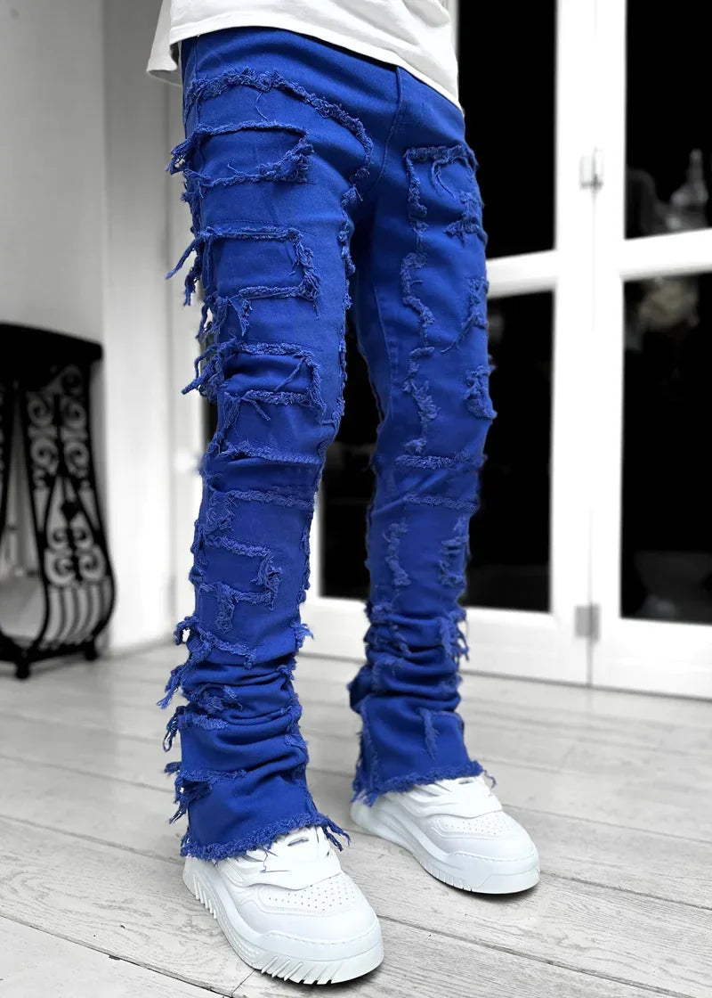 Men’s Stacked Ripped Jeans – Slim Fit Distressed Straight Denim Pants, Hip Hop Streetwear Style
