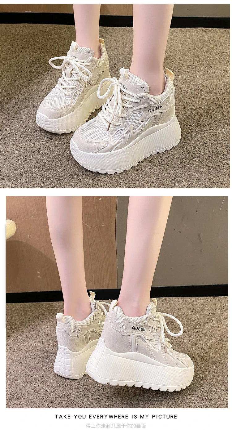 Women Chunky Sneakers 2025 Autumn Breathable Mesh Casual Shoes 11CM Wedge Heels Platform Shoes Chaussures Femme Sports Dad Shoes