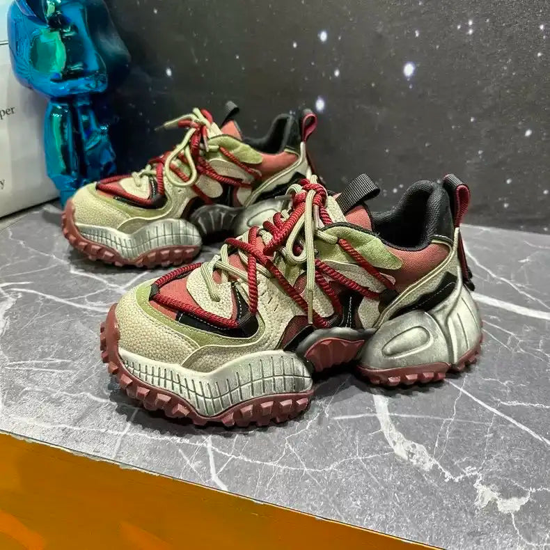 Chunky Sneakers Men Designer Mountaineering Shoes Fashion Casual Leather Fabric Breathable Height Increased Platform Sport Shoes