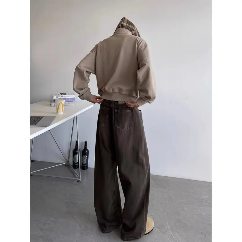 Men’s Vintage Distressed Jeans – Relaxed Straight Wide Leg Casual Denim Trouser