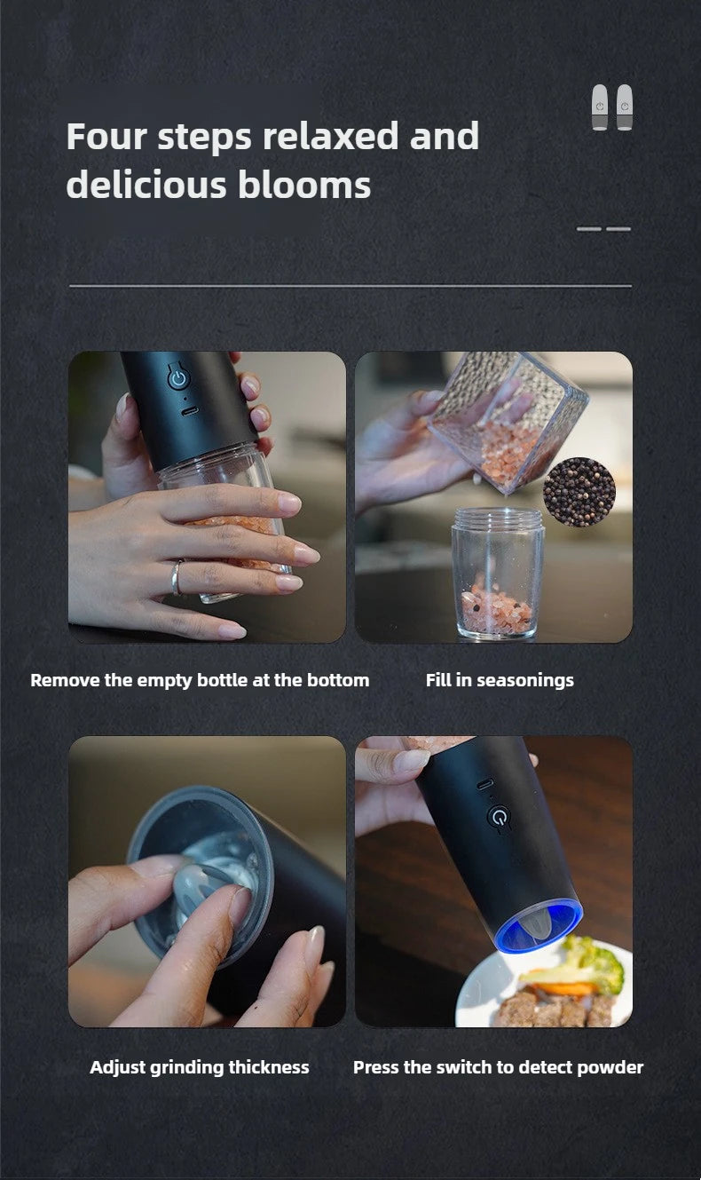 Electric Salt and Pepper Grinder USB Rechargeable Adjustable Coarseness Large Capacity Auto Spices Grinders Kitchen Cooking Tool
