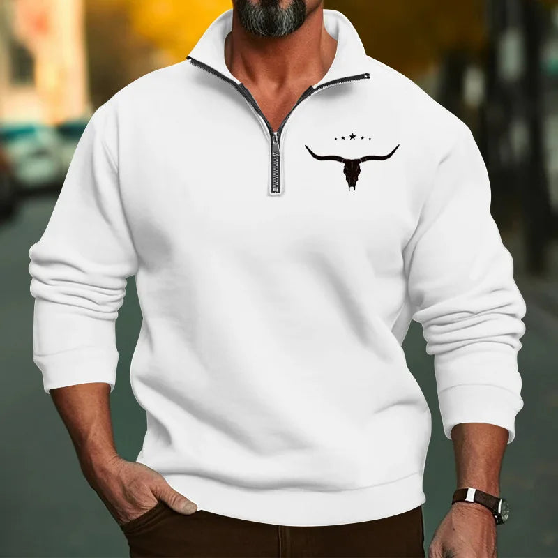 Men’s Winter Fleece Half-Zip Hoodie – Warm Stand Collar Bull Print Sweatshirt