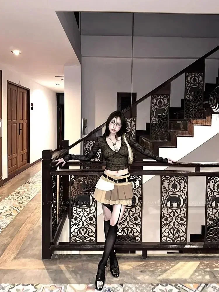 Coquette Aesthetic Mesh T Shirts Women Vintage V Neck Lace Bow Cropped Tops Y2k Sexy Slim Fit Long Sleeve Tee Shirts