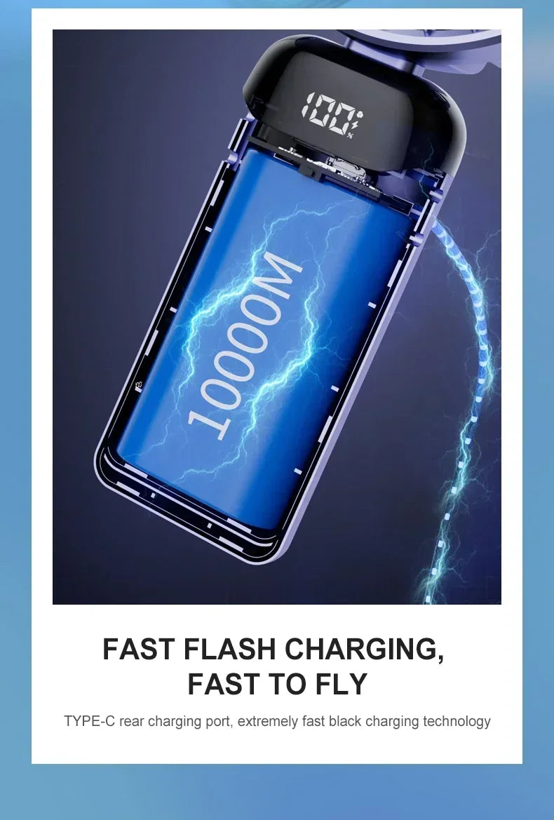 Handheld Mini Fan 3000mAh Foldable Portable Neck Hanging Fans 5 Speed USB Rechargeable Fan with Phone Stand and Display Screen