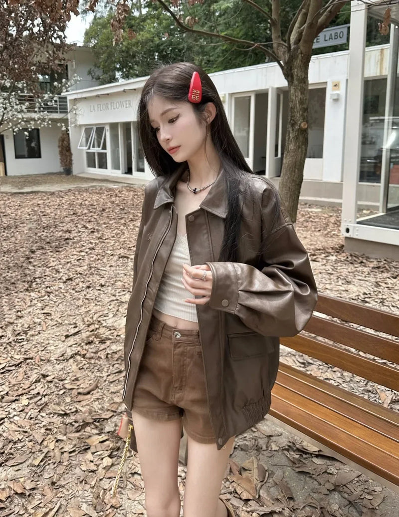 American Retro Solid Pu Jackets Women Autumn Sweet Cool Tops PU Baggy Cozy Turn-down Collar Zipper Fashion Stylish Temperament