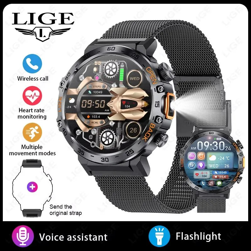 LIGE 2025 Smart Watch Men Sport Watches LED Flashlight 360*360 Ultra HD Screen Waterproof Fitness Bluetooth Call Men Smartwatch