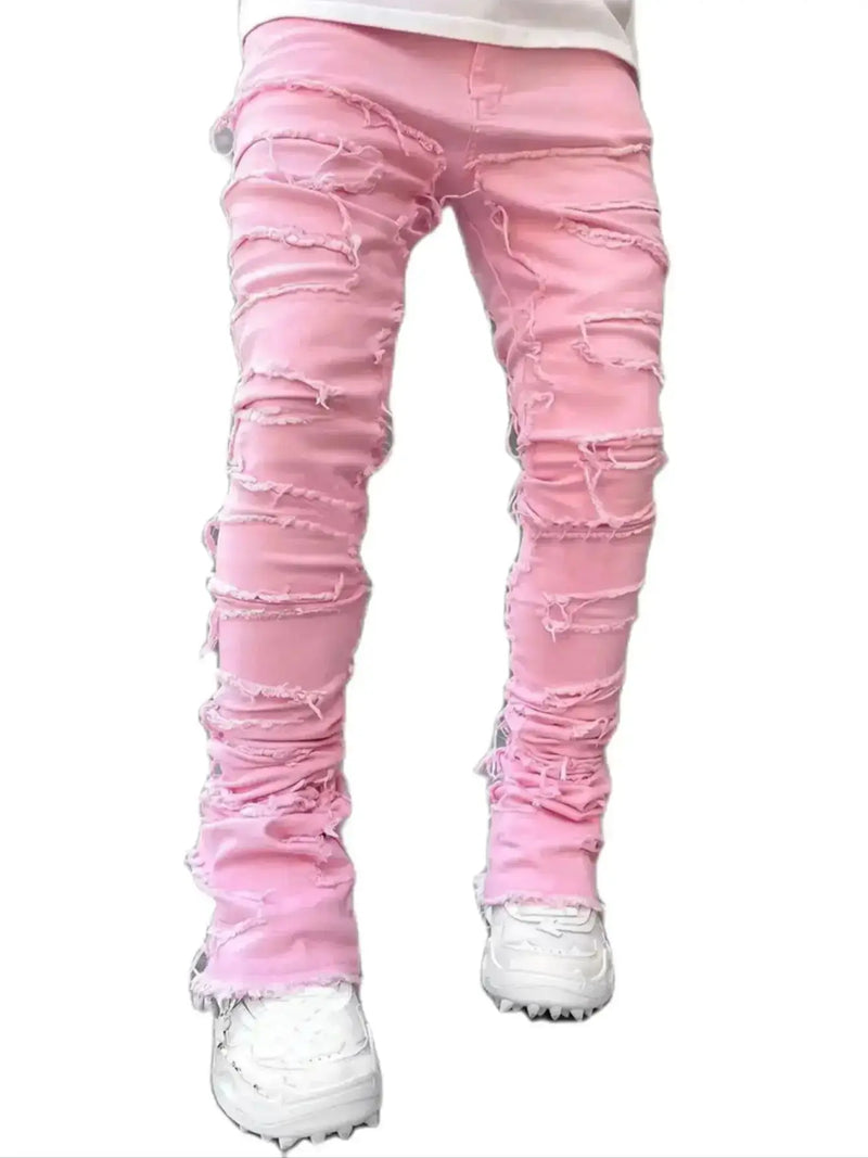 Men’s Stacked Ripped Jeans – Slim Fit Distressed Straight Denim Pants, Hip Hop Streetwear Style