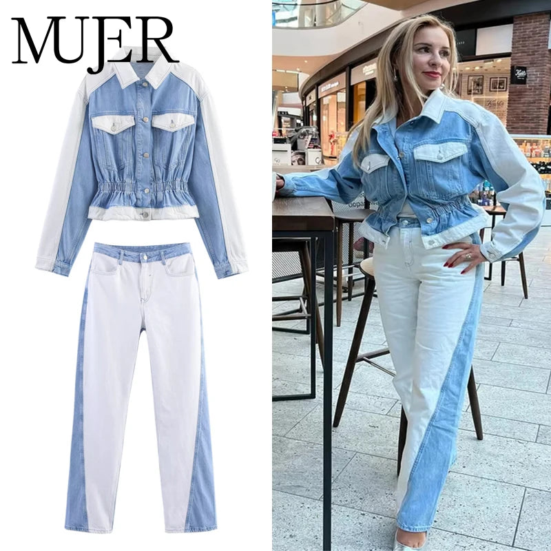 MUJER Denim Bomber Jackets for Women Varsity Cropped Jacket Woman Streetwear Outerwears Women&