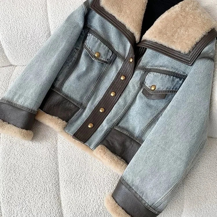 High Quality Denim Women’s Winter Jackets With Natural Sheep Leather with Fur Collar White Goose Down Liningm