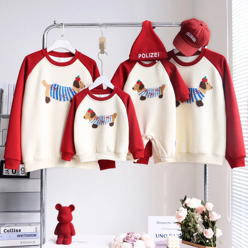 Funny Red Sweatshirts for The Whole Family Matching Clothes Father Mother and Son Daughter Cute Dog Print Tops Newborn Bodysuit