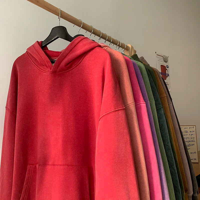 Men’s Vintage Washed Hoodie – Loose Fit Streetwear Pullover for Casual Harajuku Style