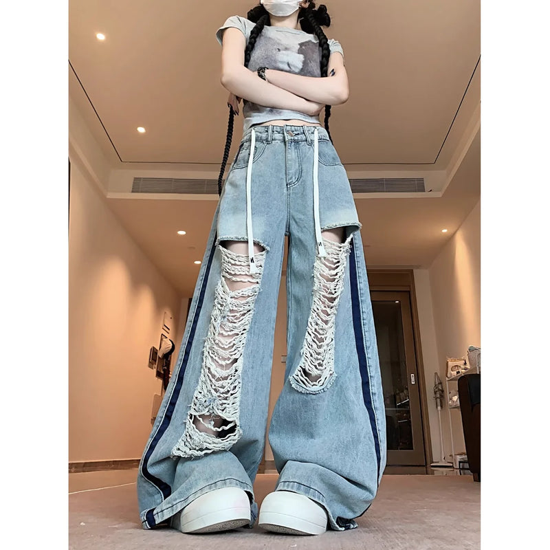 American ripped jeans with loose design, retro spicy girl blue lazy straight leg pants