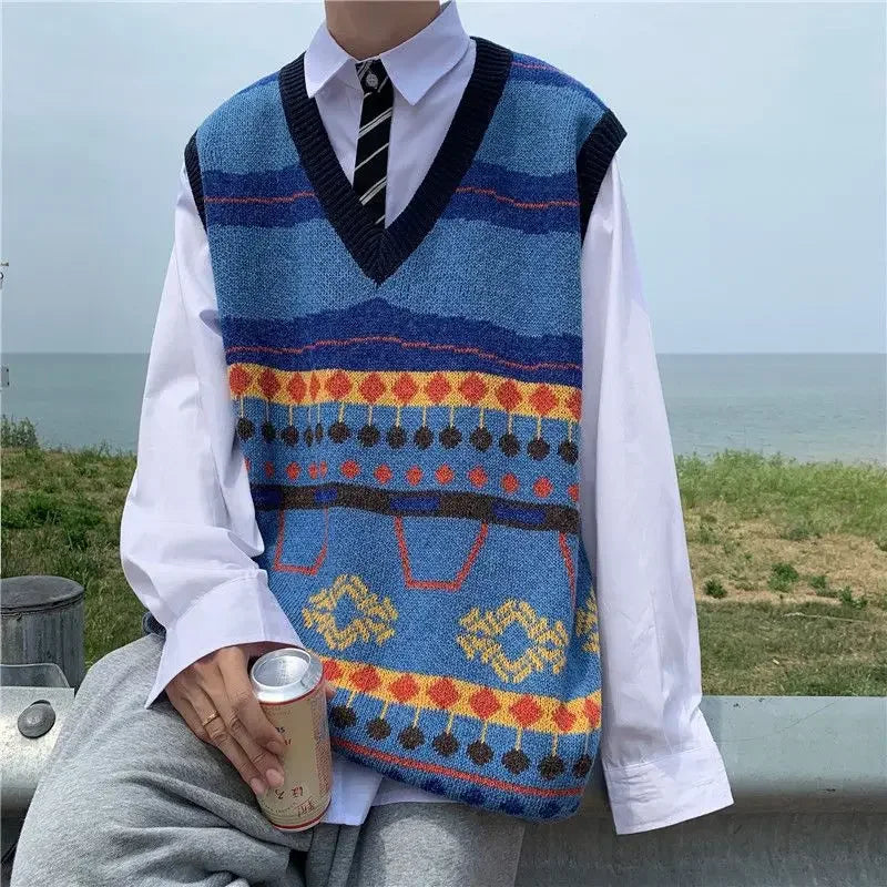 Tatiana Haven Men’s Printed Knit Sweater Vest – V-Neck Casual Korean-Style Fashion Waistcoat for Autumn & Winter