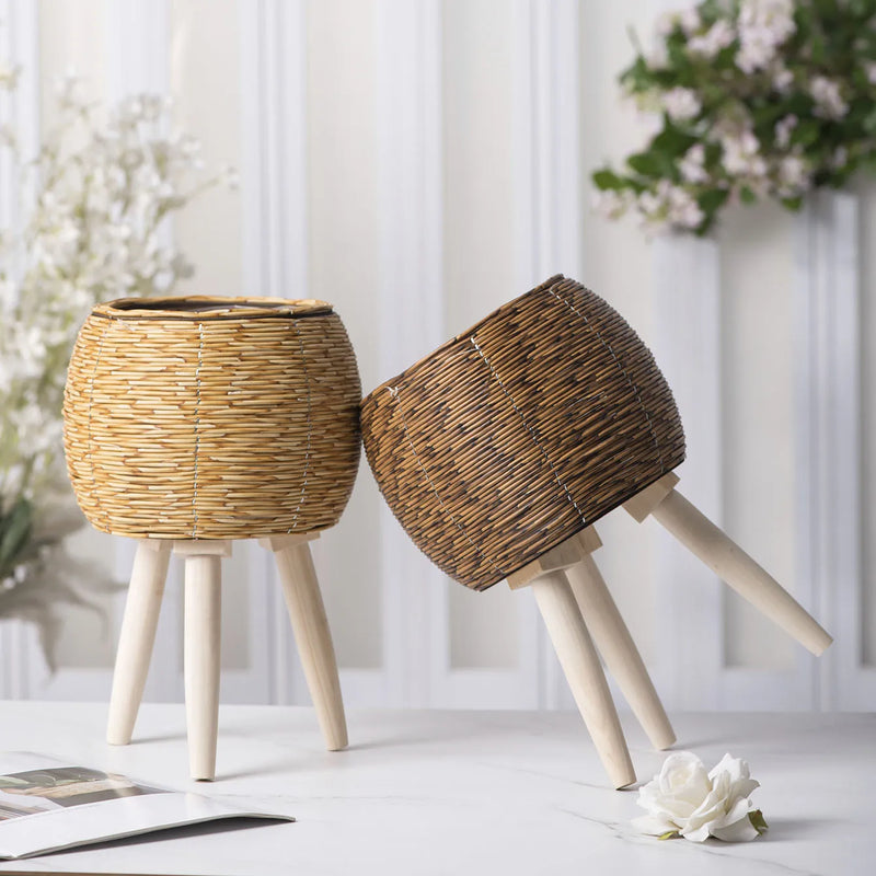 Rustic Rattan Planter With Wooden Legs Household Planter Pot Basket Wood Flower Basket For Indoor Plants Wood Flower Pots