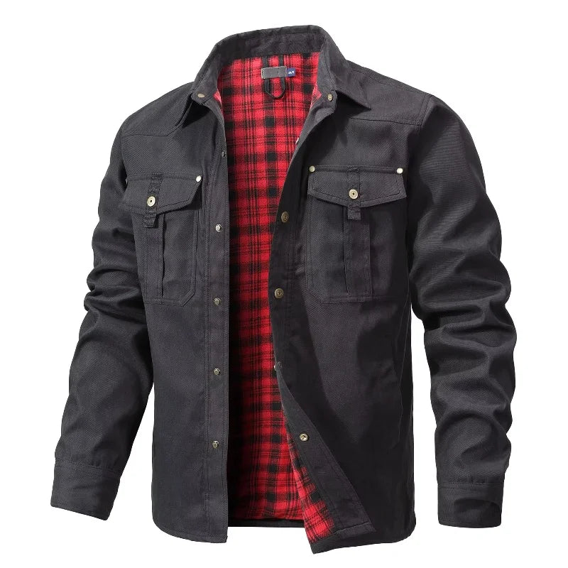 Men’s Flannel-Lined Shirt Jacket – Casual Snap Button Overshirt for Spring & Autumn